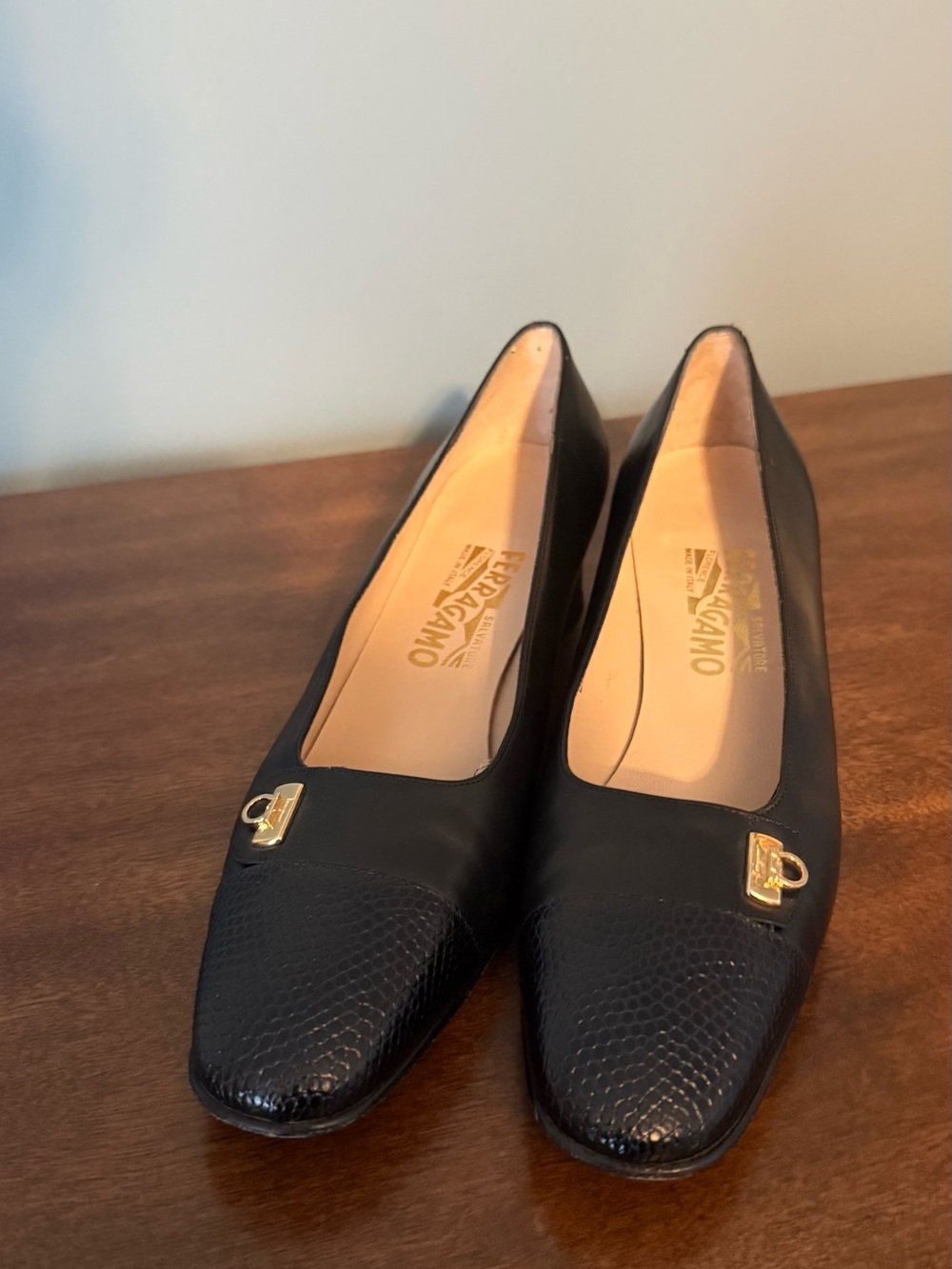 Salvatore Ferragamo Black Leather Pumps with Gold Hardware